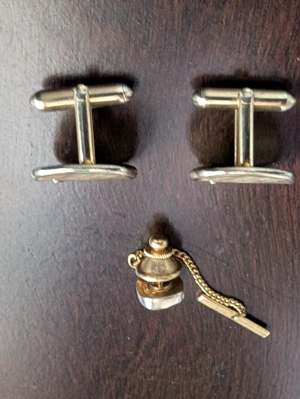 Vintage SWANK Geometric Gold-Tone Cufflinks and Tie Tack Black and Amber MCM
